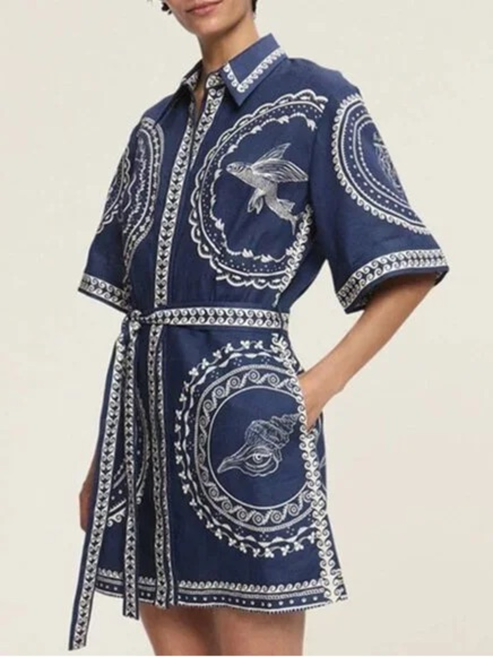Alemais Navy Printed Short Shirt Dress with White Motifs